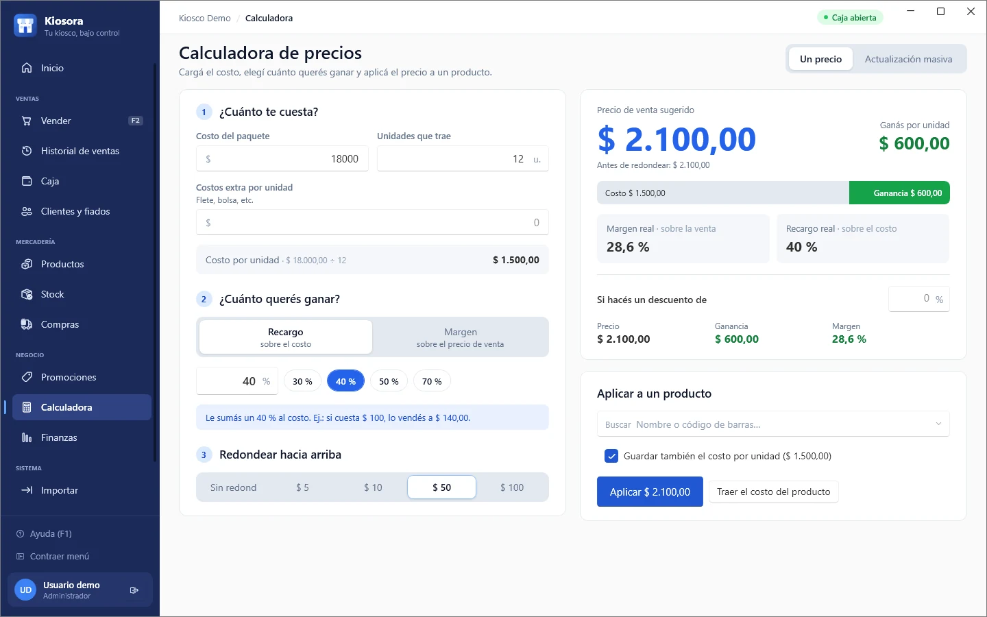 Resultado de la calculadora de precios: $2.100 sugerido