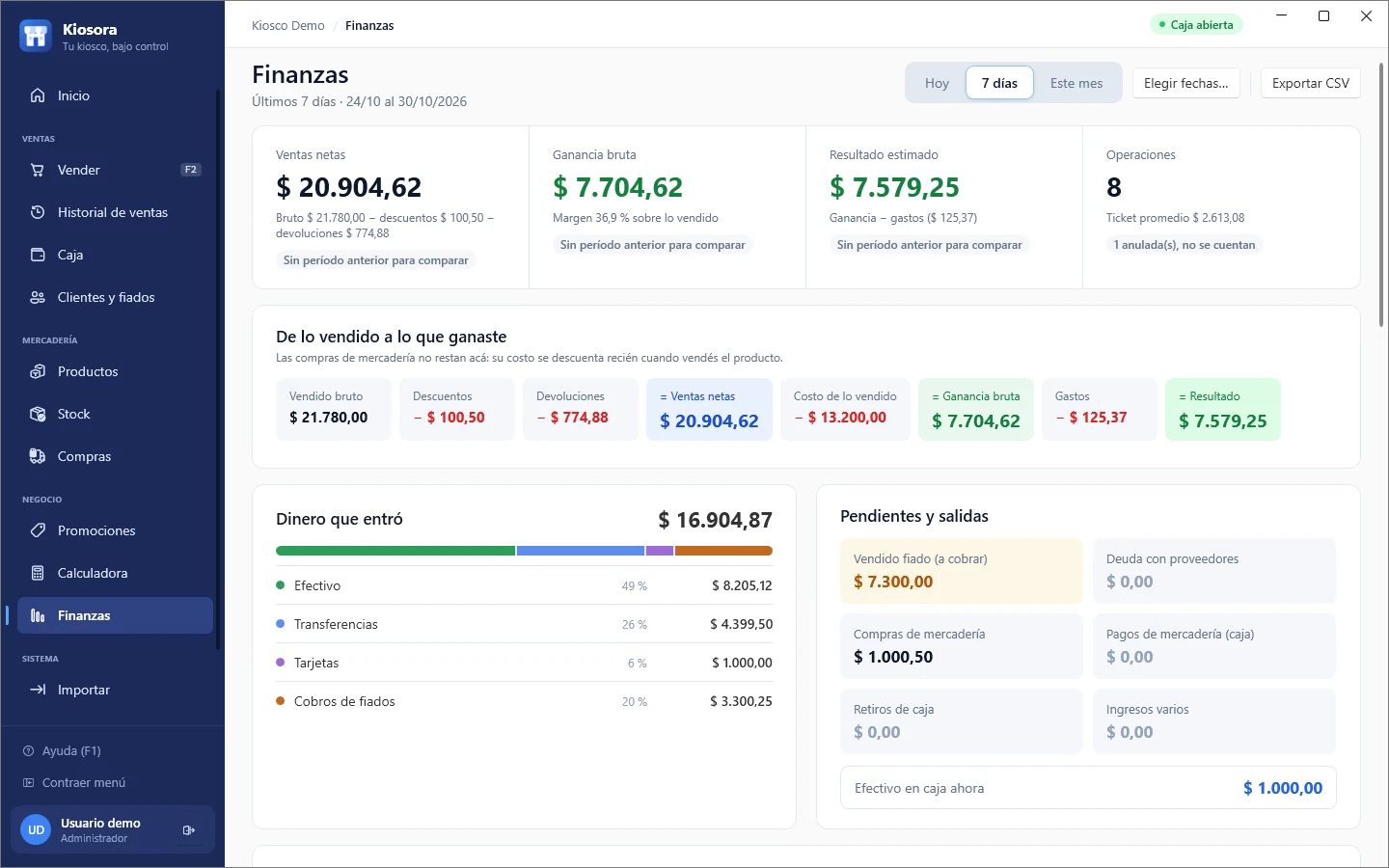 Pantalla Finanzas de Kiosora
