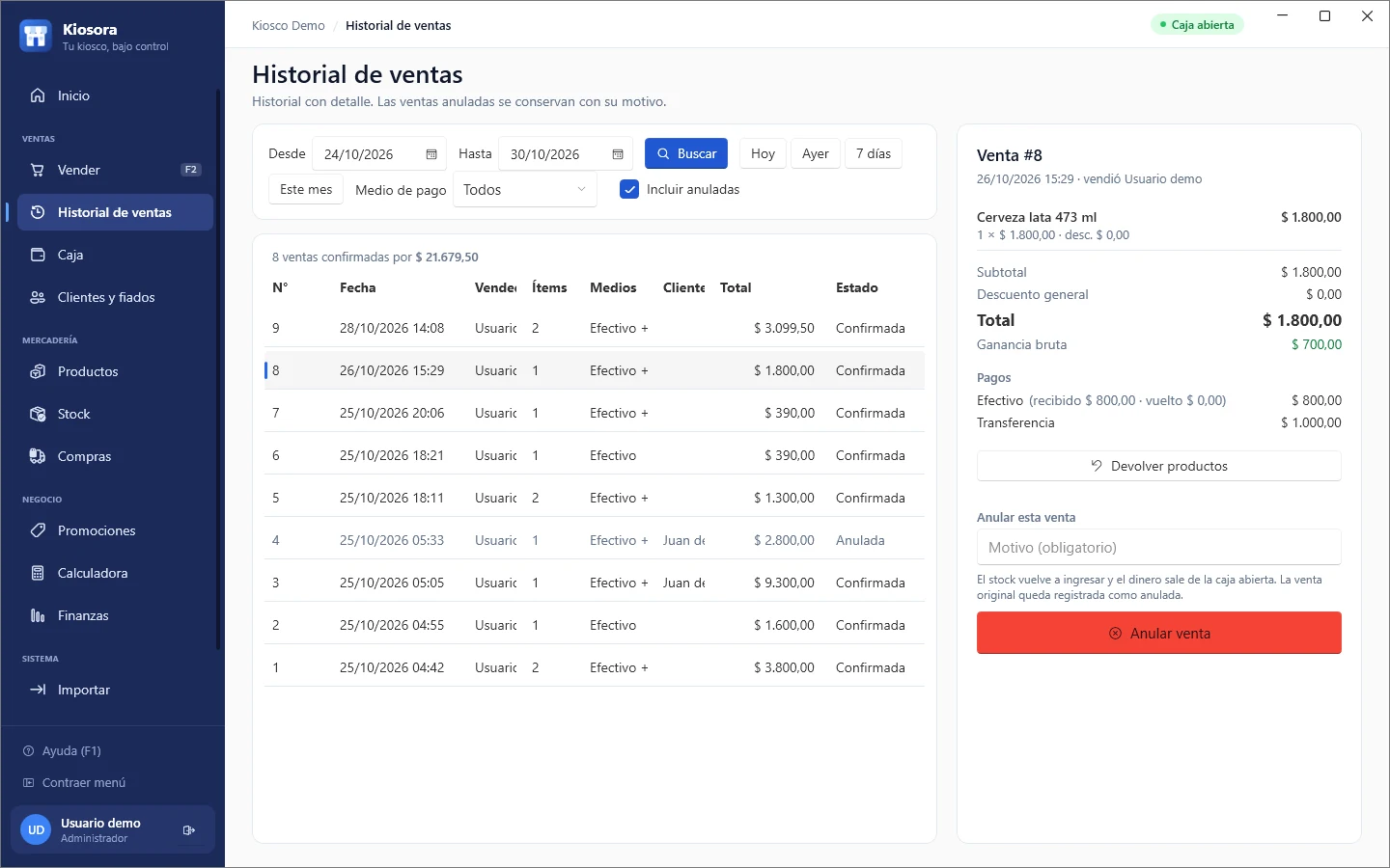 Detalle de una venta en el historial