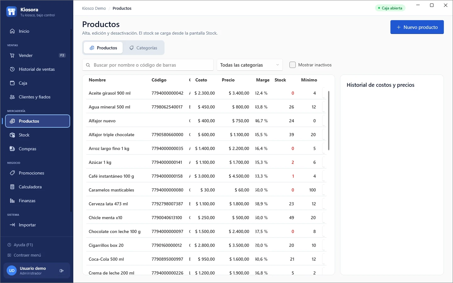 Lista de productos con costo, precio, margen y stock
